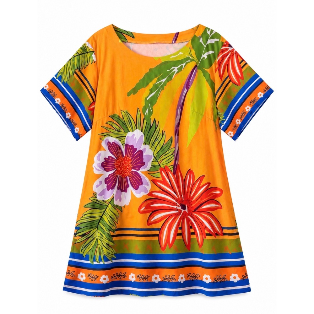 NWOT Tropical Floral Caftan Dress XL Orange‎ Resort Vacation Beach